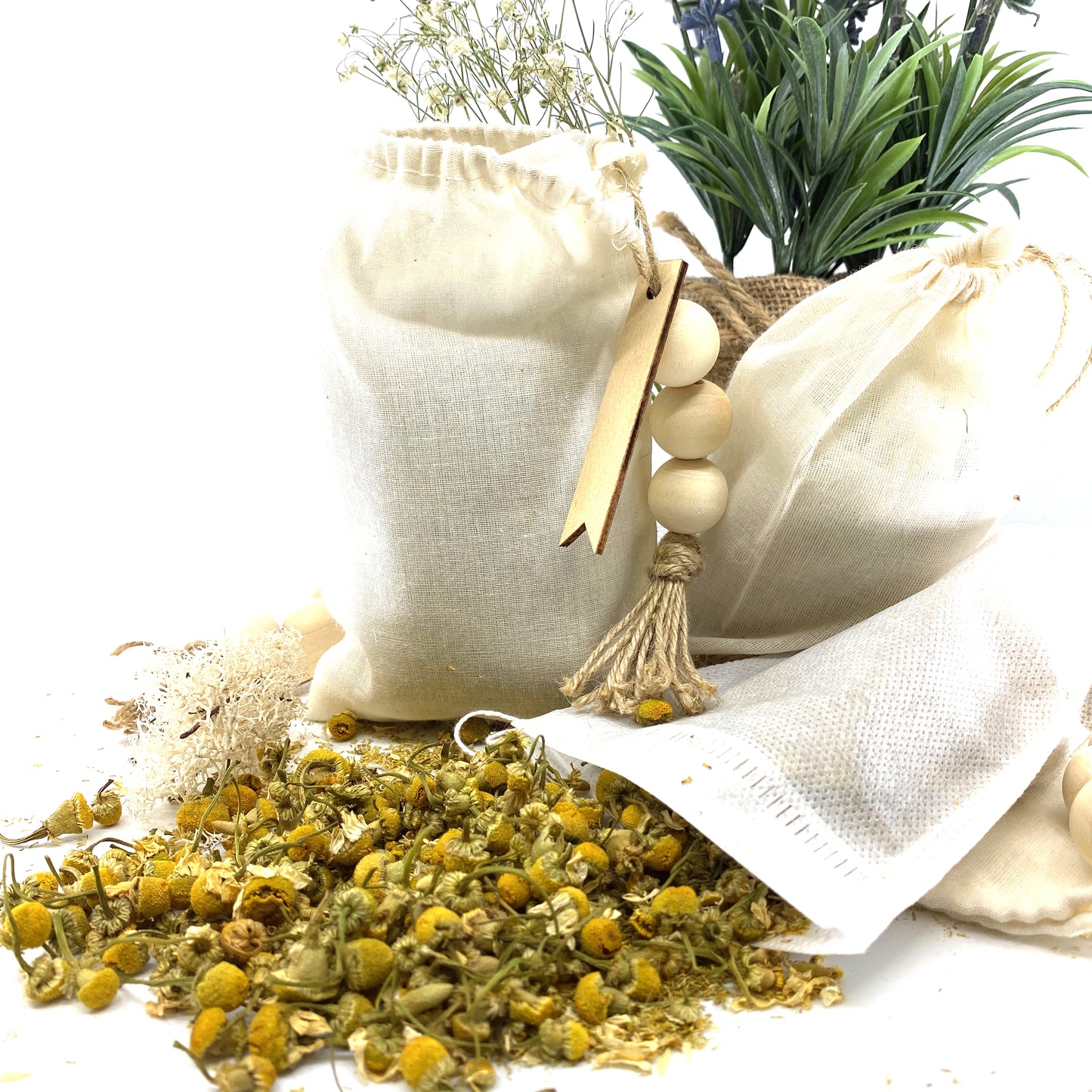 100% Naturally Dried Chamomile Flowers, Jute & Wooden Beaded Drawstring Sack, 1/2 oz Sunsum®