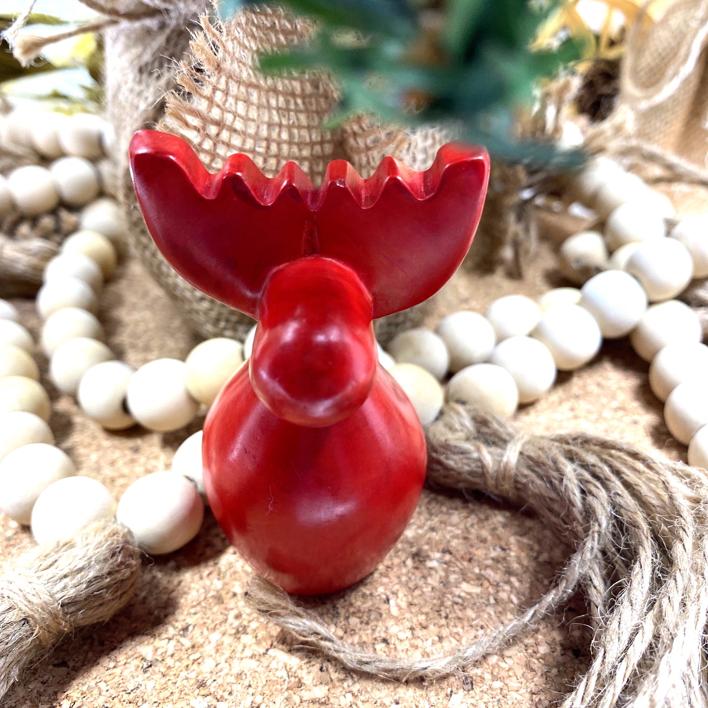 Kisii Stone, 3.5 " Mini Red Reindeer Sculptures Swahili Modern