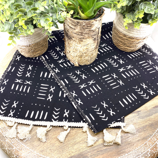 Handmade, Coffee Table Runner, Black Mudcloth, Wax Print Mashona